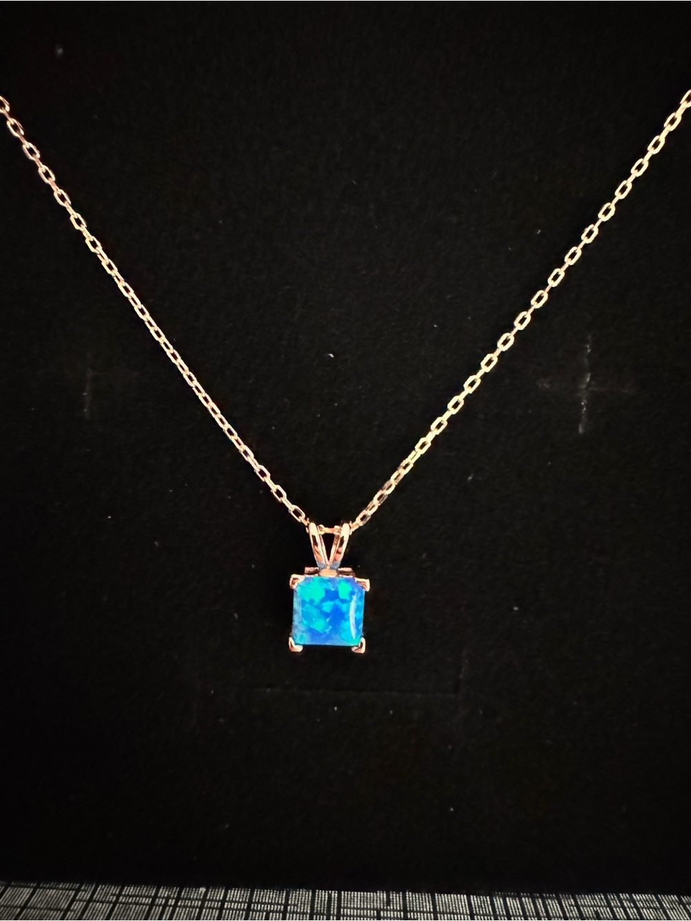 Blue Fire Opal Gemstone 925 SS Square Pendant Necklace Rose Gold Chain